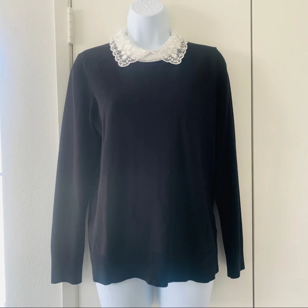 NWT lace Peter Pan collar black sweater Cable and Gauge